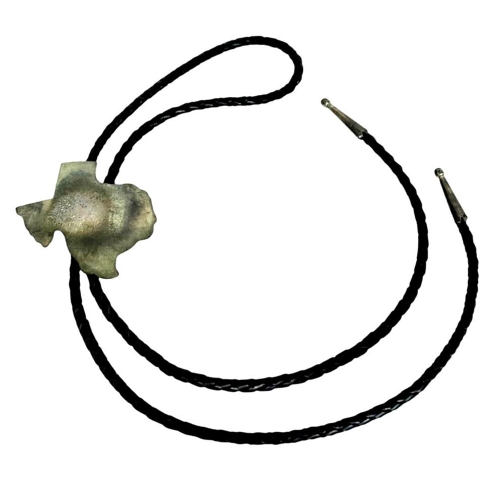 Texas State Shape Silver Metal Vintage Bolo w/Silver Tips & Black Leather Cord